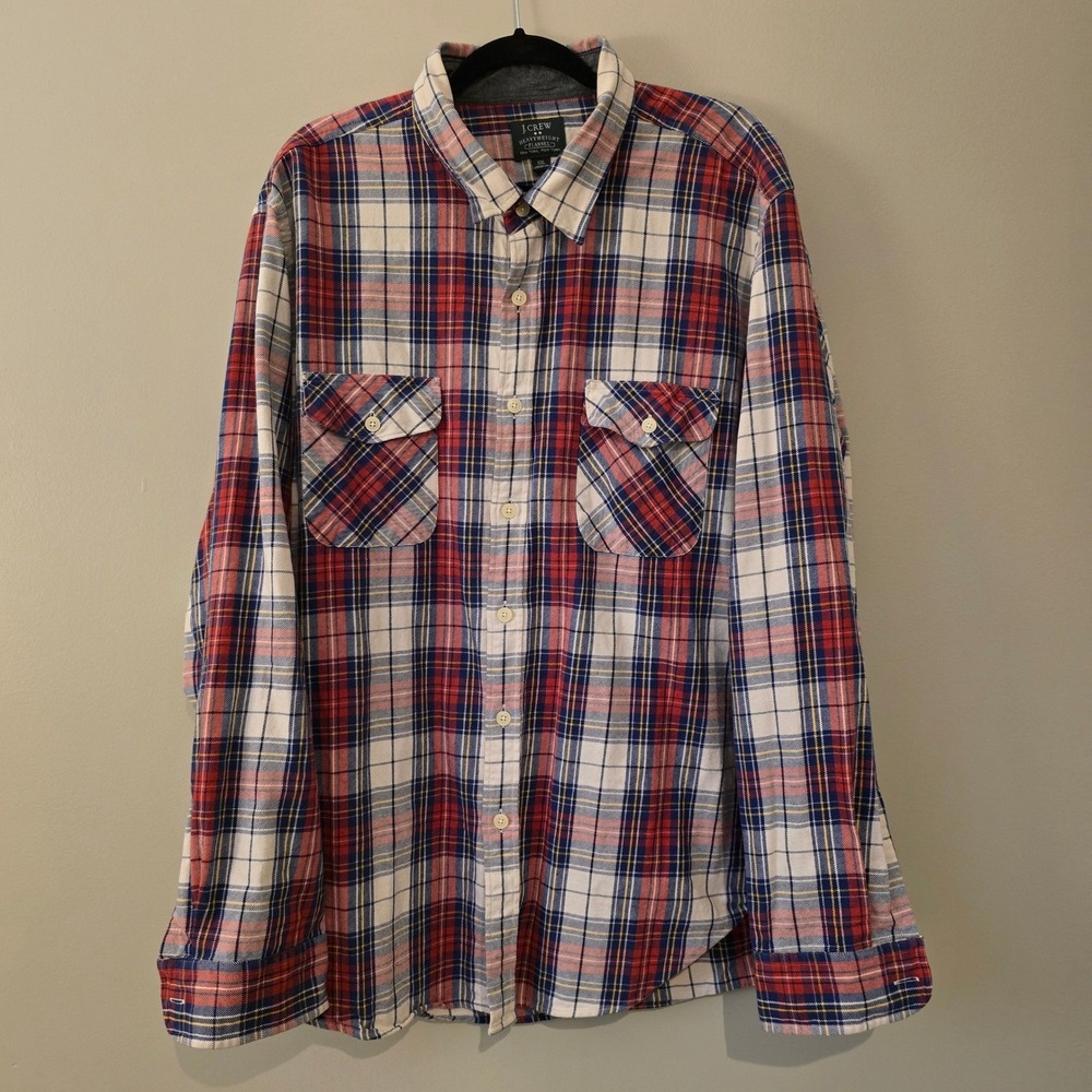 J. Crew Heavyweight Flannel Shirt XXL Mens Red Blue White Plaid Button Up 20638